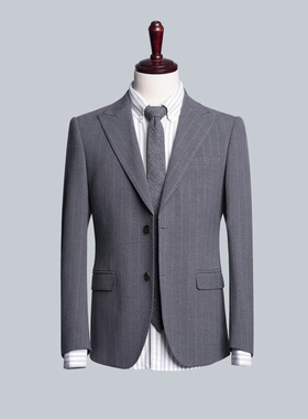 商务风灰色条纹西装男士修身正装新郎结婚礼服上衣外套高级感LQ