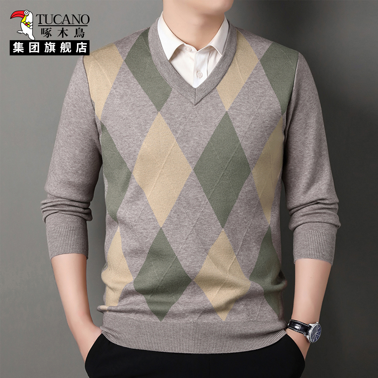 啄木鸟集团官方男士毛衣V领菱形