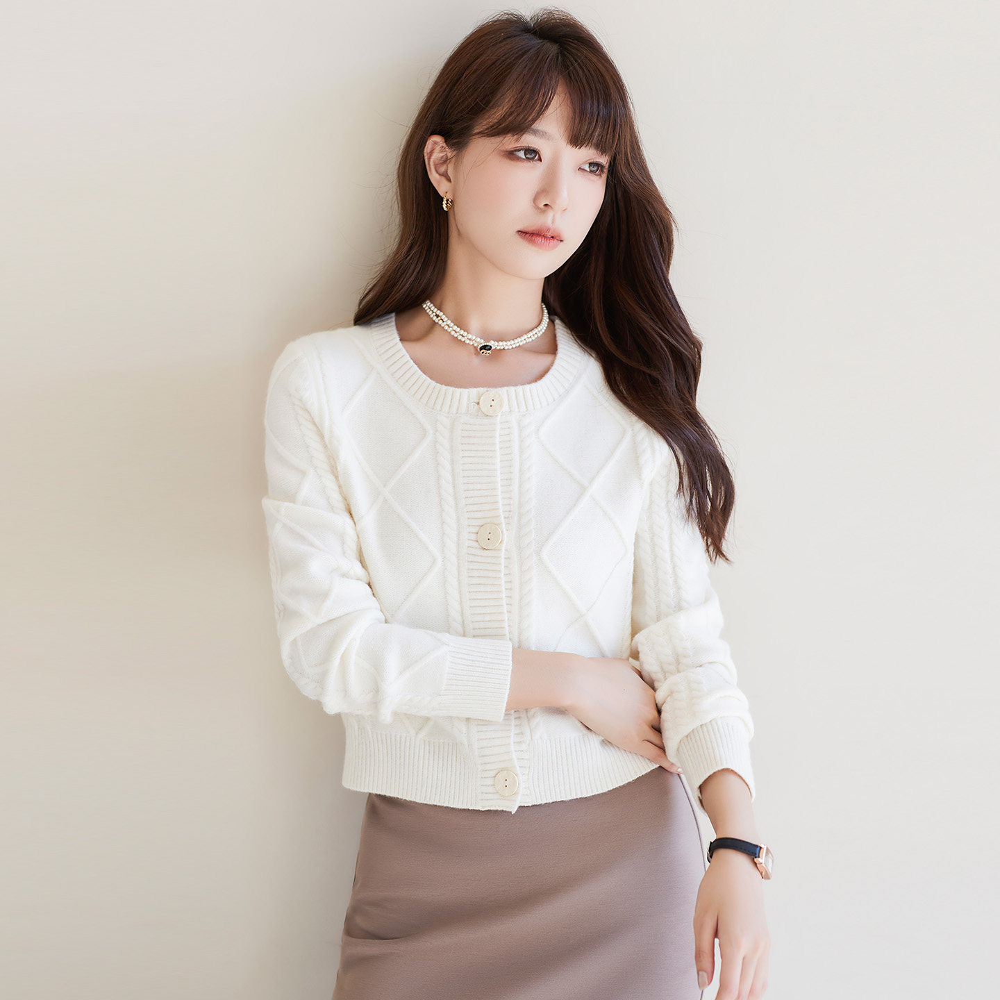 温柔优雅风菱形纹针织开衫女长袖纽扣百搭显瘦上衣高级感LQ