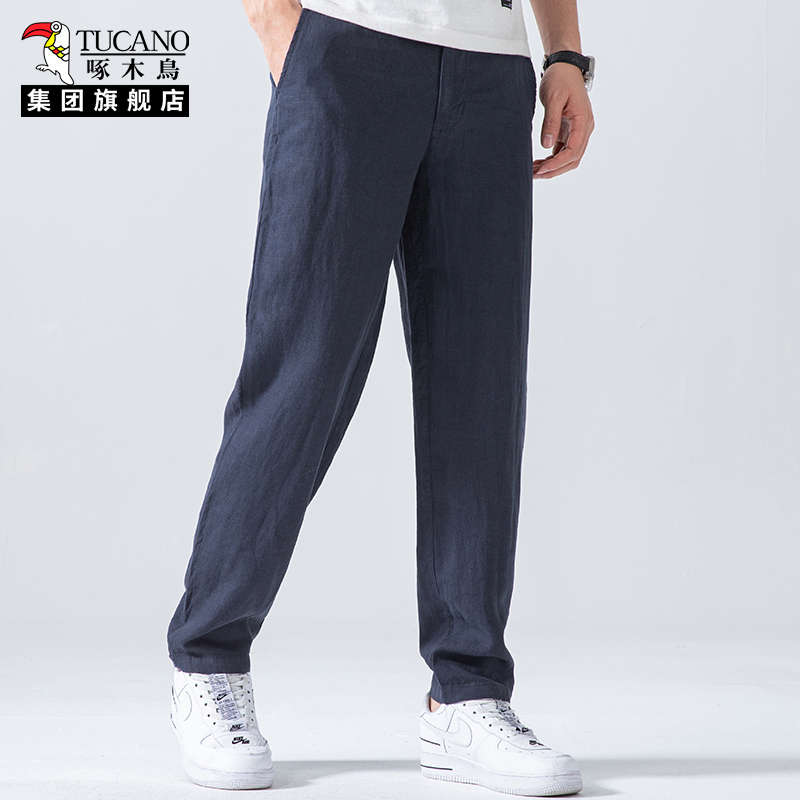 啄木鸟亚麻休闲裤中青年男士直筒