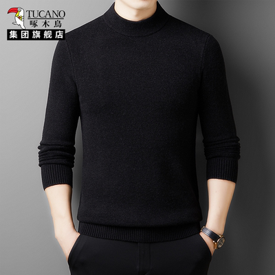 啄木鸟半高领毛衣男黑色绵羊毛