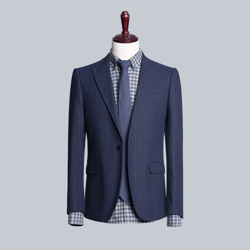 商务绅士风深蓝色条纹西装男修身正装帅气西服外套上衣工作服LQ