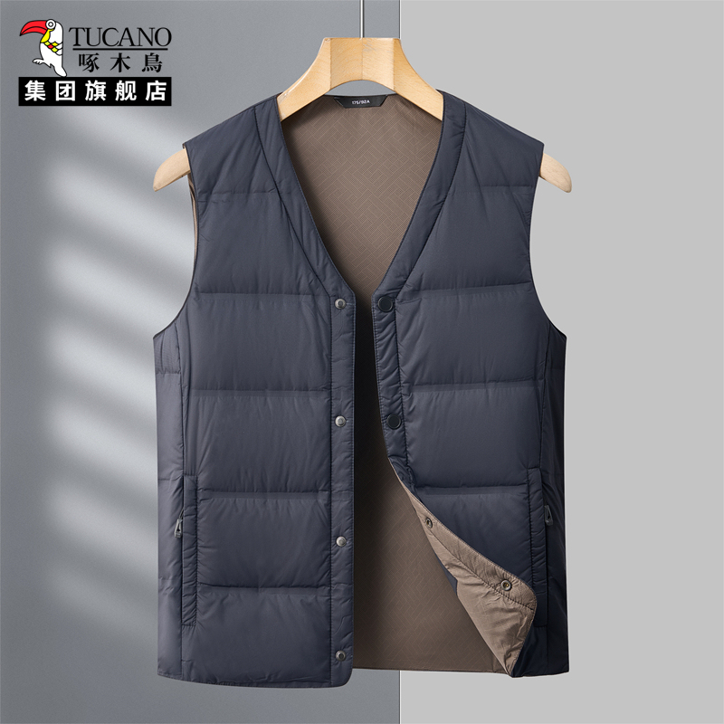啄木鸟2025秋冬季新款羽绒服马甲男V领短款轻薄保暖时尚外套男款