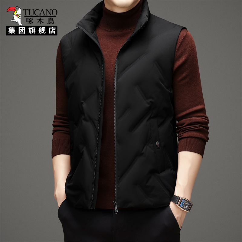 啄木鸟无袖羽绒服马甲男冬季中年保暖舒适短款坎肩外套男外穿背心