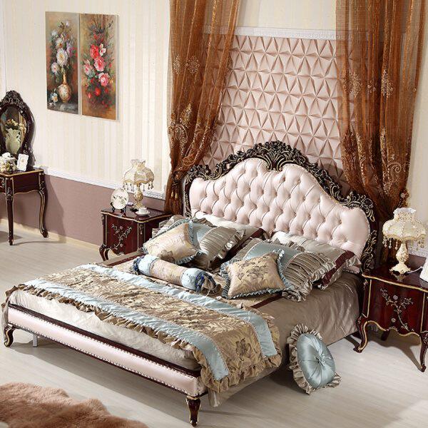 包邮欧式双人床1.8米双人床新古典雕花皮艺床法式奢华全实木婚