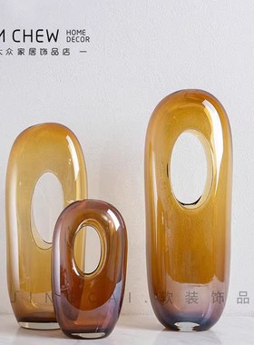 轻奢极简现代琥珀色镂空高级质感玻璃摆件样板间电视W柜玄关摆设