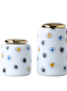 现代简约家居彩绘白色陶瓷储物罐新中式样板N房客厅博古架饰品摆