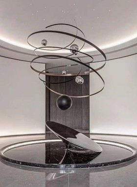 现代酒店样板房大厅金属艺术仿铜色飘带不锈钢吊R装饰圆椎雕塑摆