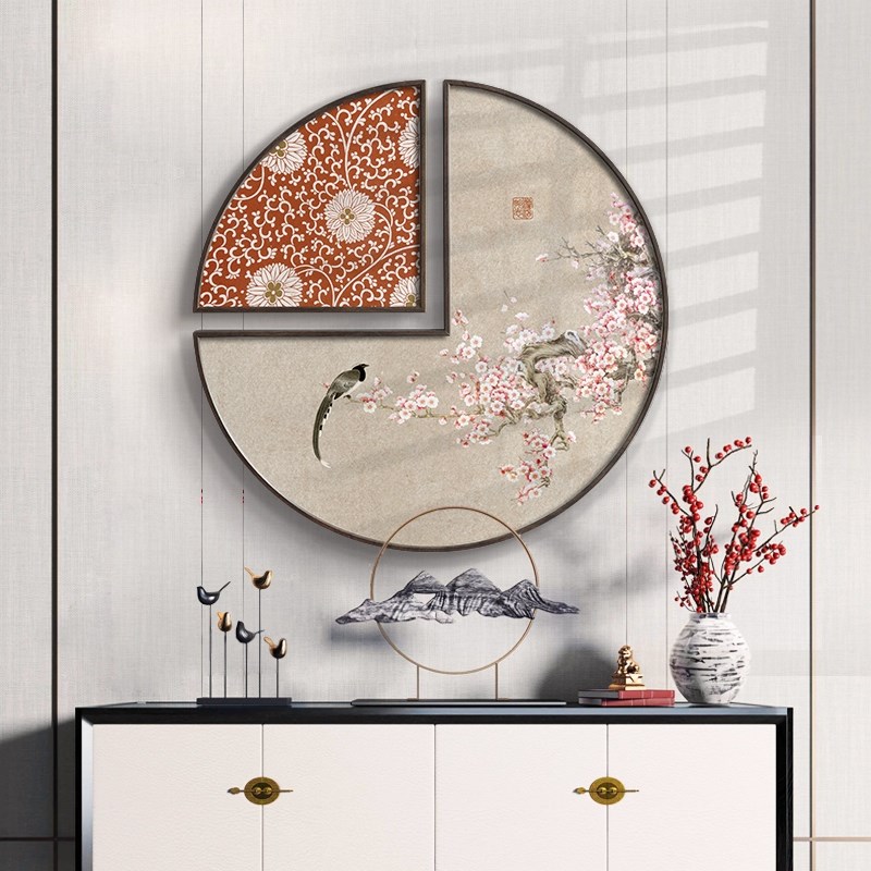 网红喜上眉梢 新中式餐厅花w鸟装饰画创意圆形禅意挂画中国风壁画图片
