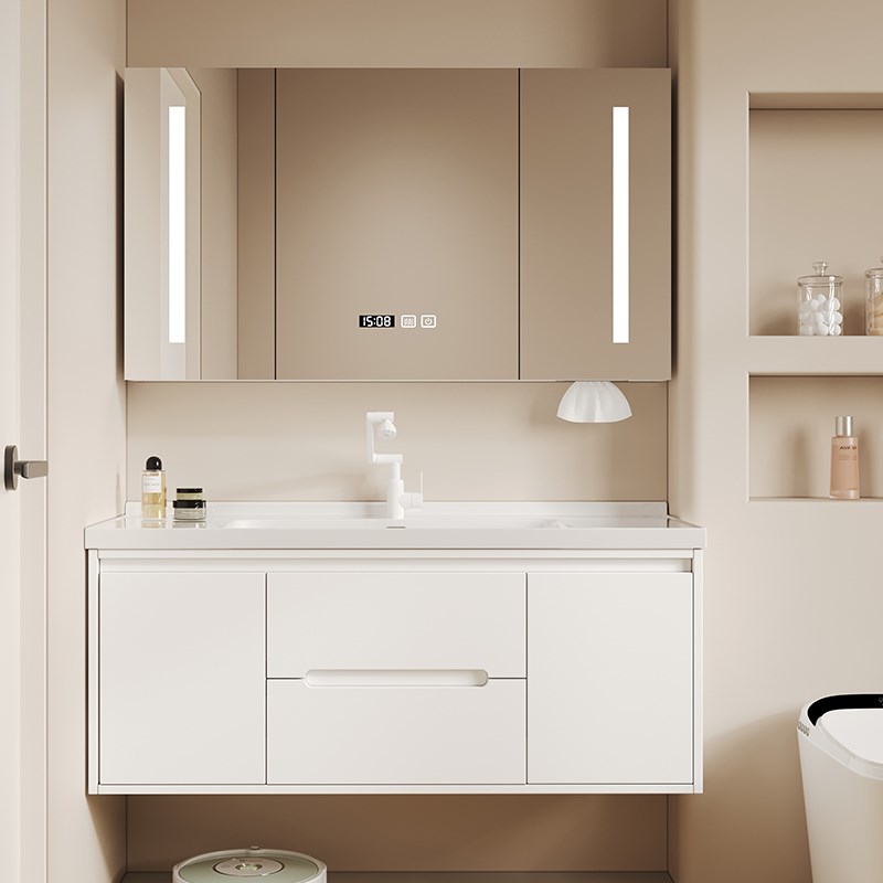轻奢风智能实木浴室柜组合洗脸洗手D陶瓷一体盆卫生间小户型洗漱