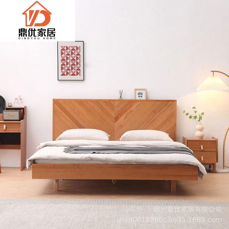 樱桃木全实木悬浮床现代简约孔雀床1.8北欧双人鱼骨床日式中古风