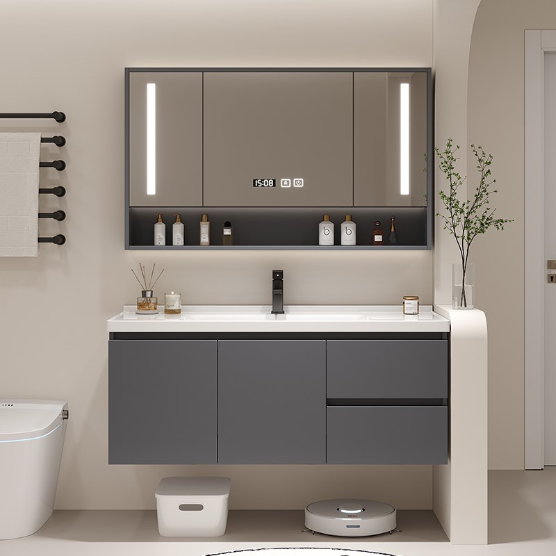 现代简约智能浴室柜组合陶瓷一体盆洗漱J台奶油风实木洗手盆洗脸