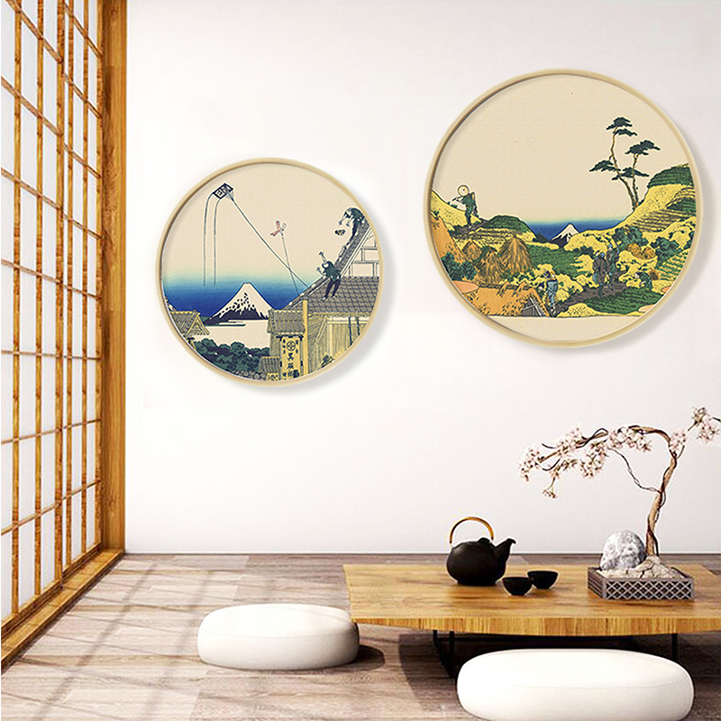 日式风格餐厅装饰圆形和风浮世绘挂画料理L店背景墙面烤肉店原木图片