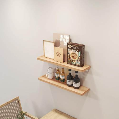 免打孔原木置物架榉木一字隔板厨房调料收纳架实木架化妆台牙杯架