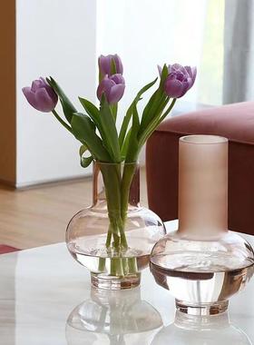 现代简约粉色磨砂玻璃花瓶摆件样板间创意客厅ins风餐桌装饰花器