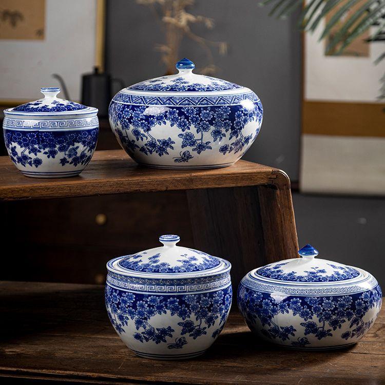 中式青花瓷茶缸陶瓷储物罐茶叶罐防潮蝶恋花青花瓷茶叶罐带盖茶缸