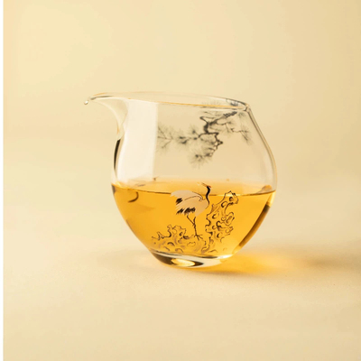 右汝260ml新中式松鹤延年飞鸟玻璃公道杯茶具优雅国风茶海分茶器