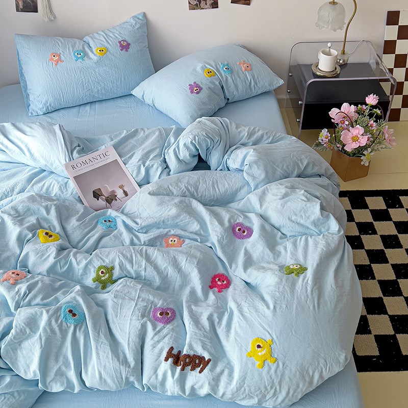 新款柔软纯色水洗棉小怪兽毛巾y绣四件套可爱卡通被套罩宿舍三件