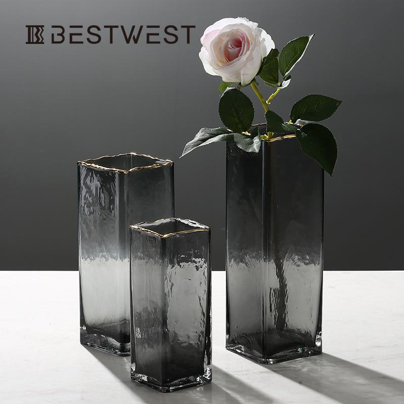 博西家居 烟灰色直筒方缸水培金边玻璃花瓶花器摆件家居软装饰品
