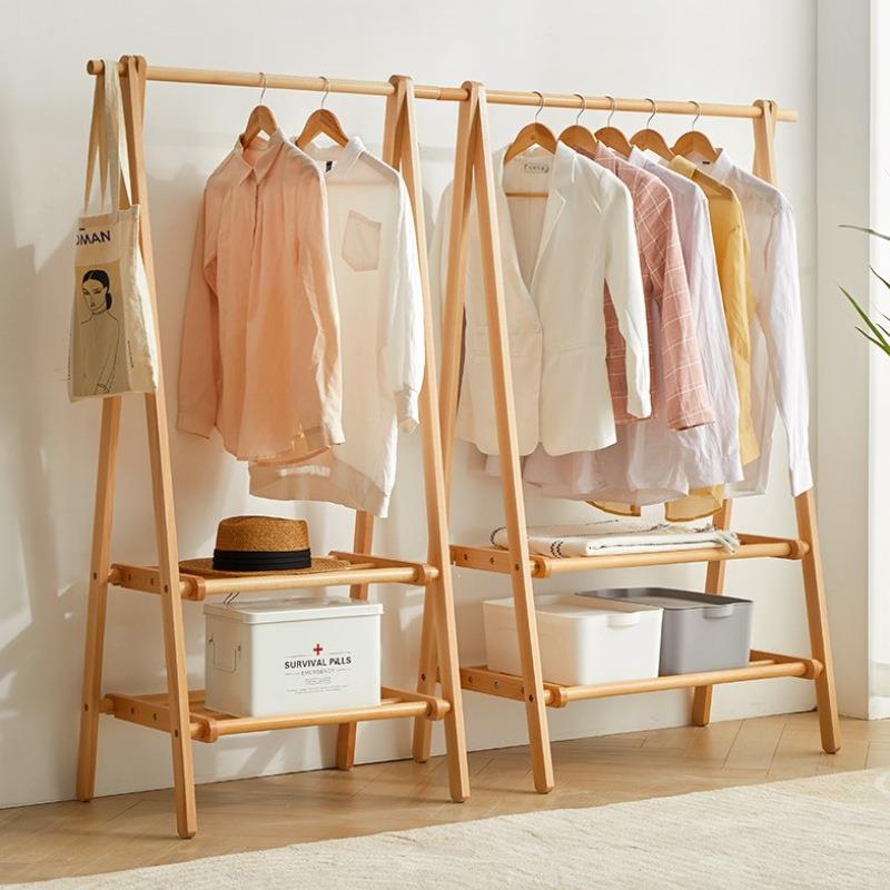 实木双层落地衣架折叠卧室置物架服装店展示架民宿酒店衣帽架
