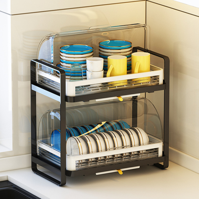 不锈钢厨房台面碗柜n家用2023新款双层带盖放碗架沥水架碗碟收纳
