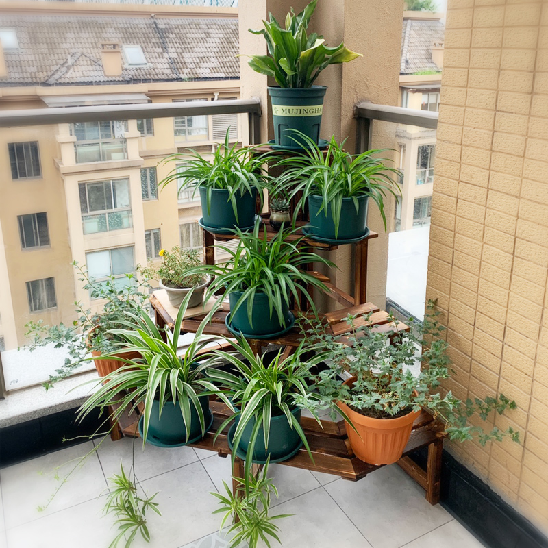 防腐木阳台转角花架室外三u角落地多肉大花盆架实木墙角多层置物