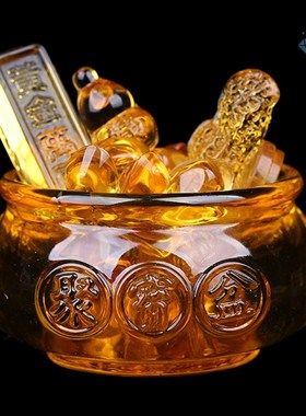 黄水晶聚宝盆摆件琉璃元宝金黄色招K财家居桌面摆设乔迁开业