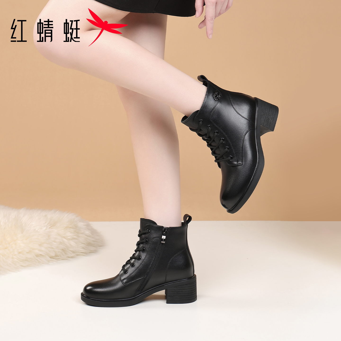 红蜻蜓真皮女靴高跟马丁靴