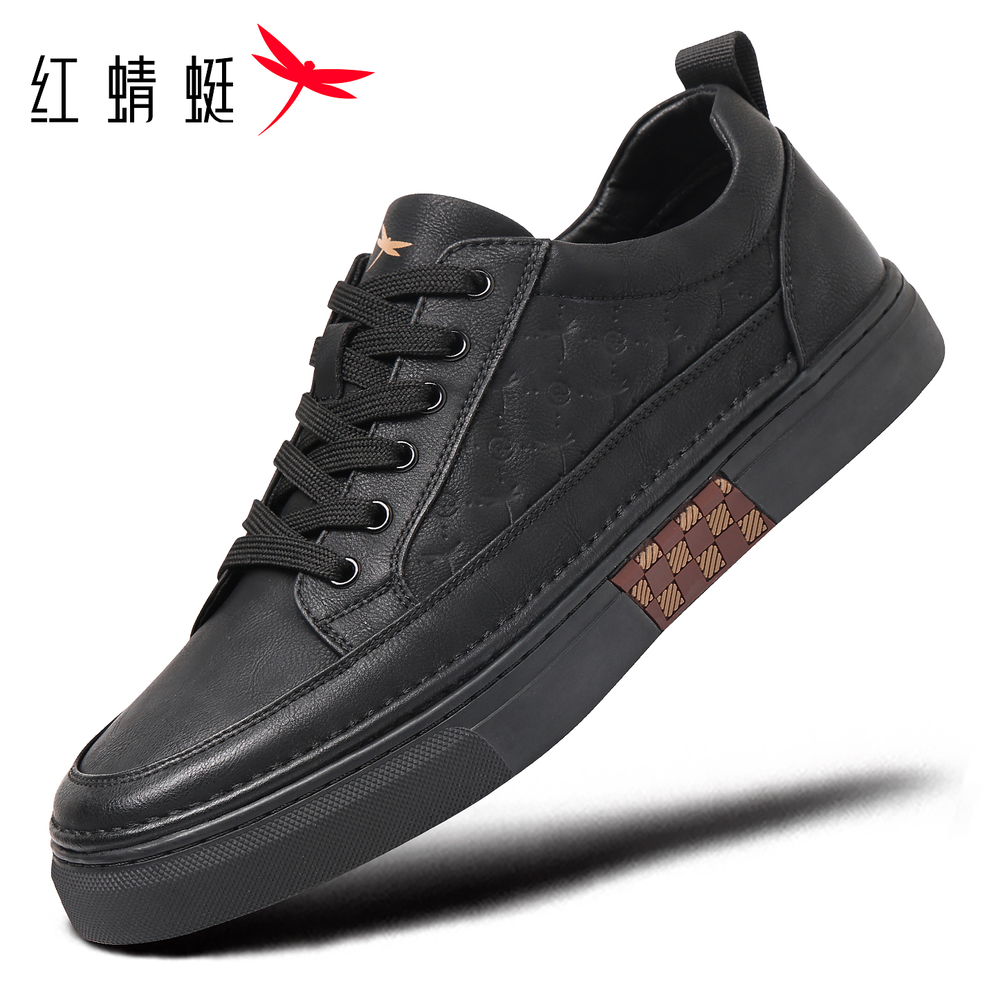 红蜻蜓复古黑色板鞋男士真皮