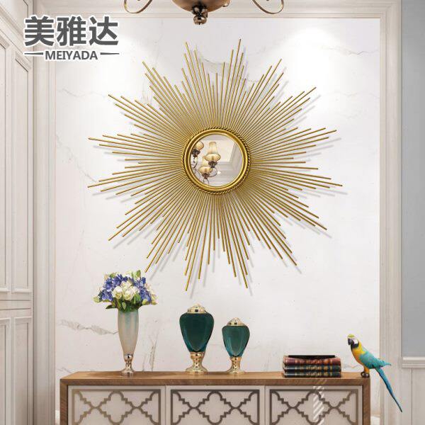 现代简约太阳装饰镜背景墙面镜子客厅玄关立体壁饰创意铁艺挂件