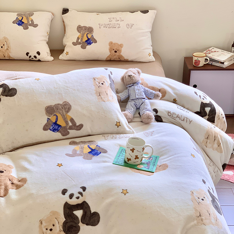 冬季双面牛奶绒珊瑚绒四件套加厚B保暖法兰绒面床单被套加绒三件