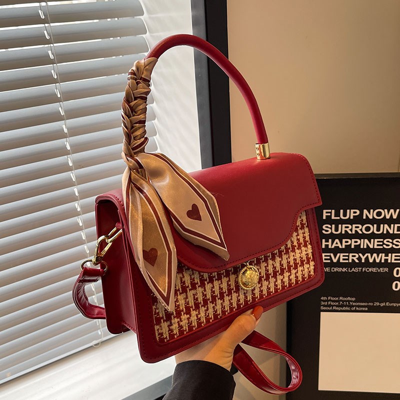 千鸟格红色婚包包女20p23新款百搭质感新娘包高级感伴娘手提小方