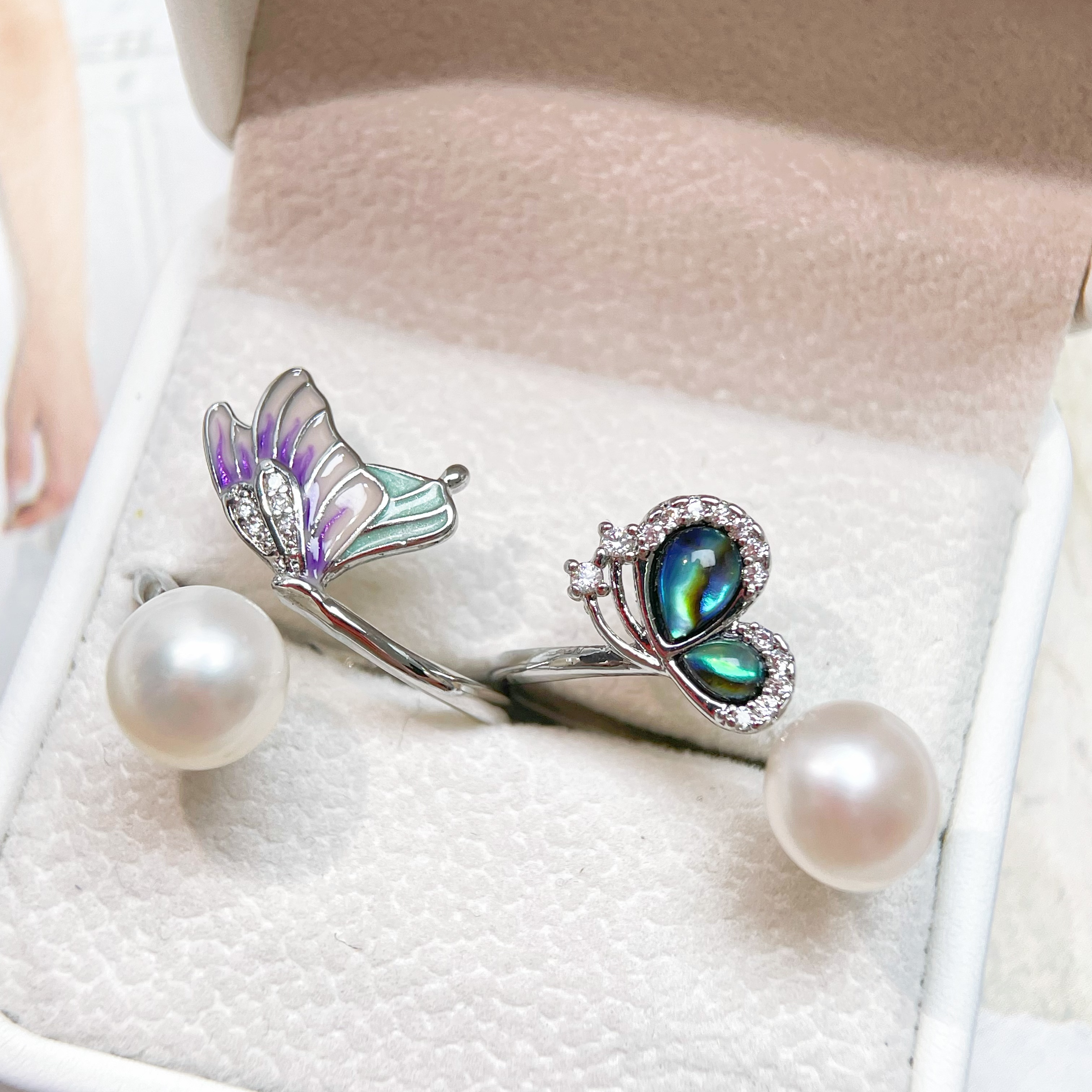 天然淡水珍珠蝴蝶开口戒指