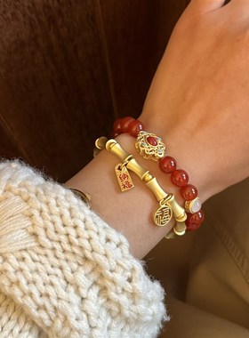 红日东升 高品质强保色尼泊尔古法D老金沙金搭配红玛瑙贵气弹力手