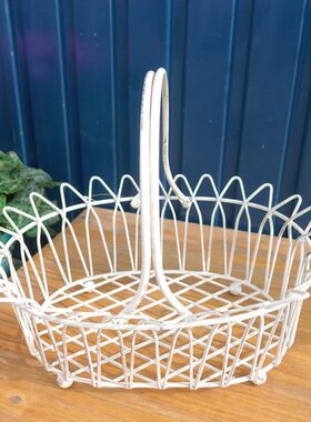 独家铁艺花瓣手提篮复古做旧防锈处理白色花边椭圆野餐篮蔬菜收纳