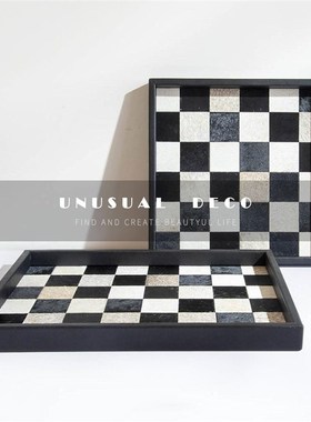 黑白棋盘格马毛方形皮革托盘玄关桌面H收拾收纳盘创意拼接家居摆