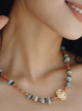 屿棠国风海竹加玉天然老矿翡翠镀金蝙H蝠设计师项链中式复古禅意