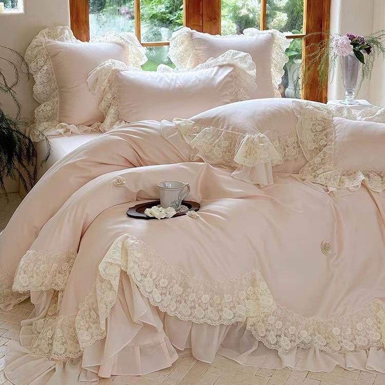 少女心四季款长绒棉四件套立体玫瑰刺绣法式花边被套床单床上用品