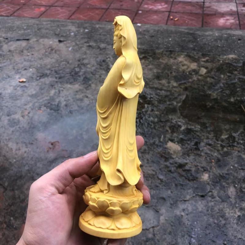 2F崖柏黄杨木雕家居佛像摆件观音菩萨站像供奉家用实木念珠微笑观