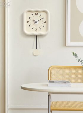 EMITDOOG免打孔奶油风挂钟客厅现代家用简约大气钟表餐厅复古时钟