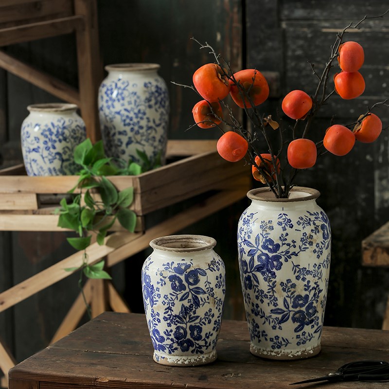 覆古新中式陶f瓷花瓶摆件客厅插花创意彷青花瓷高级感大富贵竹柿