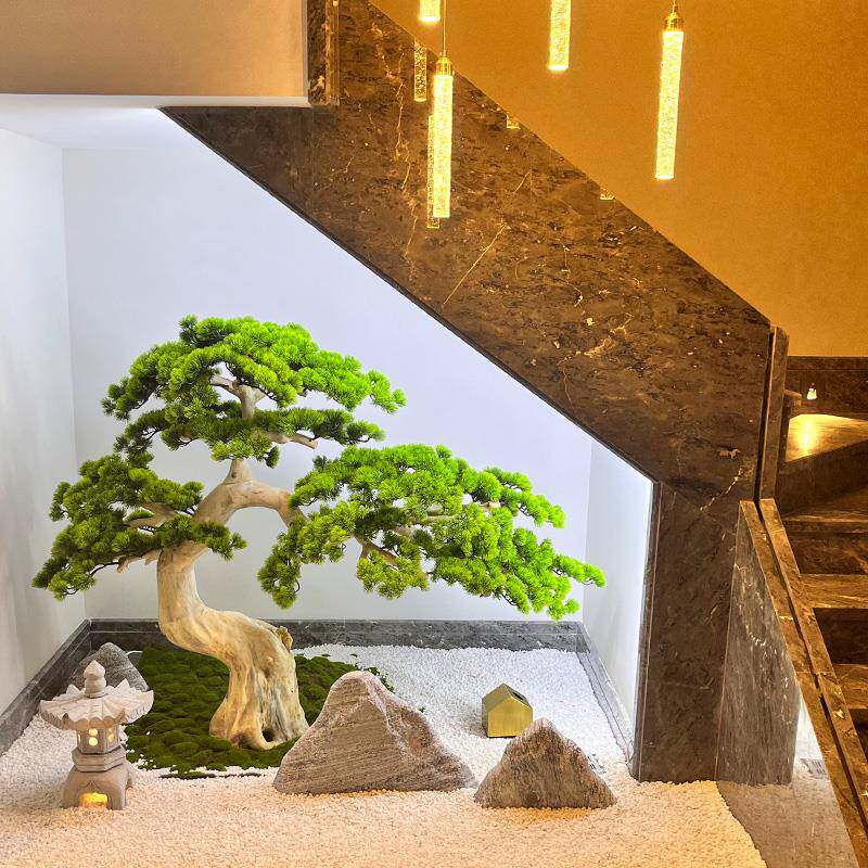 仿真松树迎客松新中式楼梯下绿植景观造景室内装饰玄关罗汉松摆件