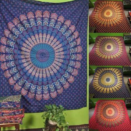 印度孔雀蓝曼陀罗挂毯防灰壁毯波西米亚艺术租房装饰挂布桌布窗帘