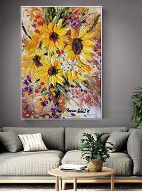 深圳大芬村油画QWE-2302向日葵肌理画入关装户饰画简玄约餐厅立壁