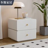 冬熊白色床头柜奶油风奶油皮感布艺床边收纳柜实木卧室简约储物柜