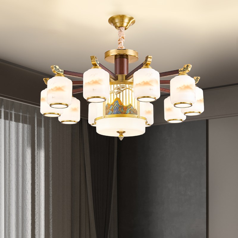 新中式全铜客厅吊灯中q国风大气别墅自建房实木餐厅卧室灯朝下