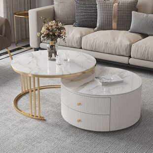 奶油风圆形组合茶几客厅白色现代轻奢大小圆矮茶几桌小户型电视柜