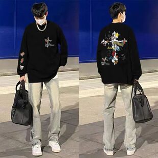 纯棉欧美街头复古印花圆领卫衣情侣男女秋冬加绒加厚美式无帽上衣