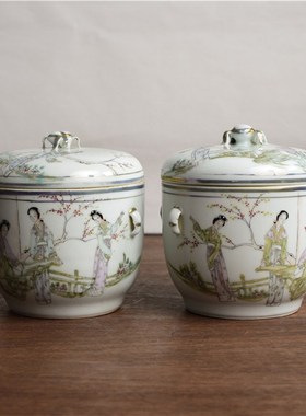 清代老式陶瓷工笔罐m猪油罐糖罐带盖味精调味储物罐家用辣椒油罐