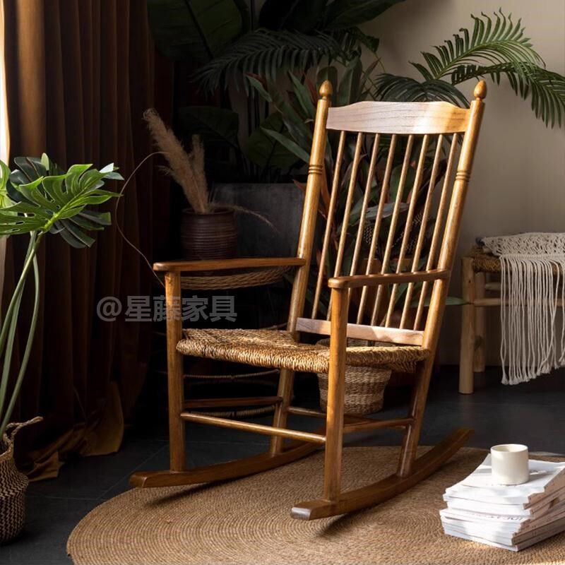 马尼拉中古风实木摇椅q绳编高靠背带扶手摇摇椅马洛夫阳台民宿家